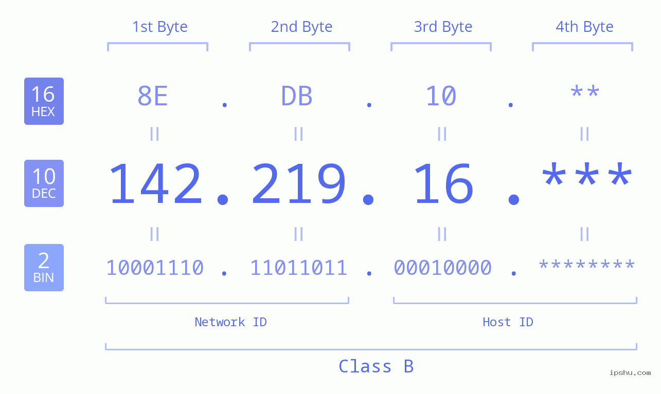 IP Address: 142.219.16 Data Structure Chart BIN DEC HEX IPv4: 142.219.16 Network Class, Net ID, Host ID