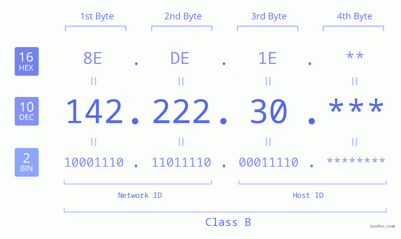 IP Address: 142.222.30 Data Structure Chart BIN DEC HEX IPv4: 142.222.30 Network Class, Net ID, Host ID