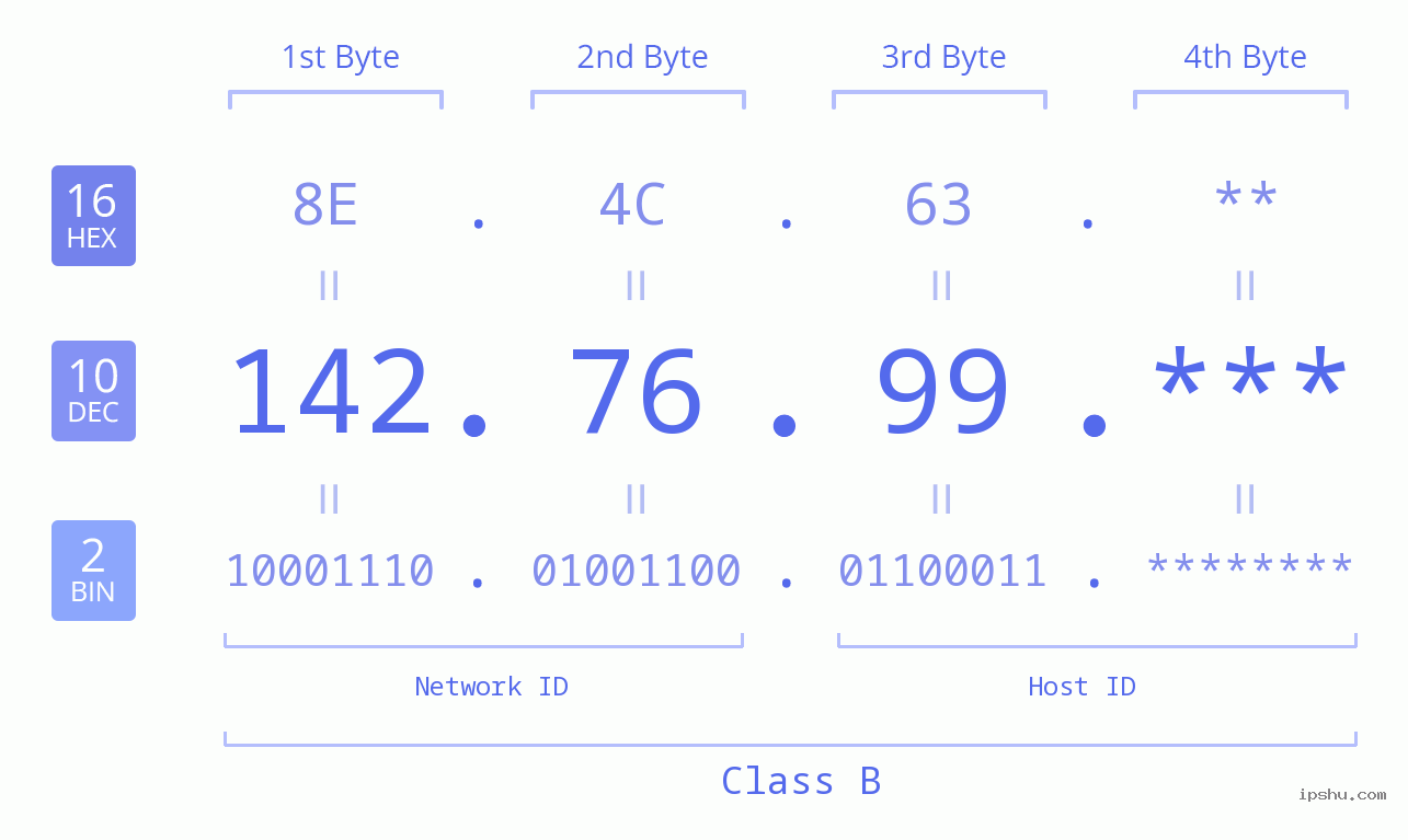 IP Address: 142.76.99 Data Structure Chart BIN DEC HEX IPv4: 142.76.99 Network Class, Net ID, Host ID