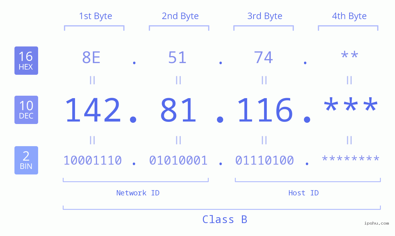 IP Address: 142.81.116 Data Structure Chart BIN DEC HEX IPv4: 142.81.116 Network Class, Net ID, Host ID