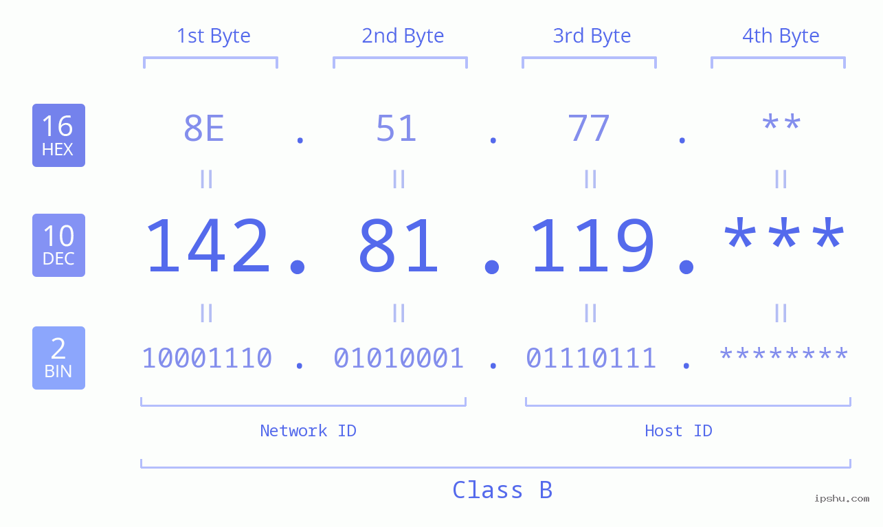 IP Address: 142.81.119 Data Structure Chart BIN DEC HEX IPv4: 142.81.119 Network Class, Net ID, Host ID