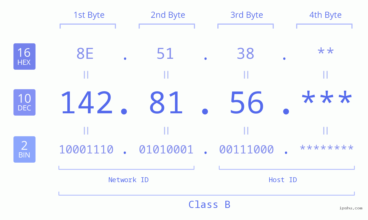 IP Address: 142.81.56 Data Structure Chart BIN DEC HEX IPv4: 142.81.56 Network Class, Net ID, Host ID