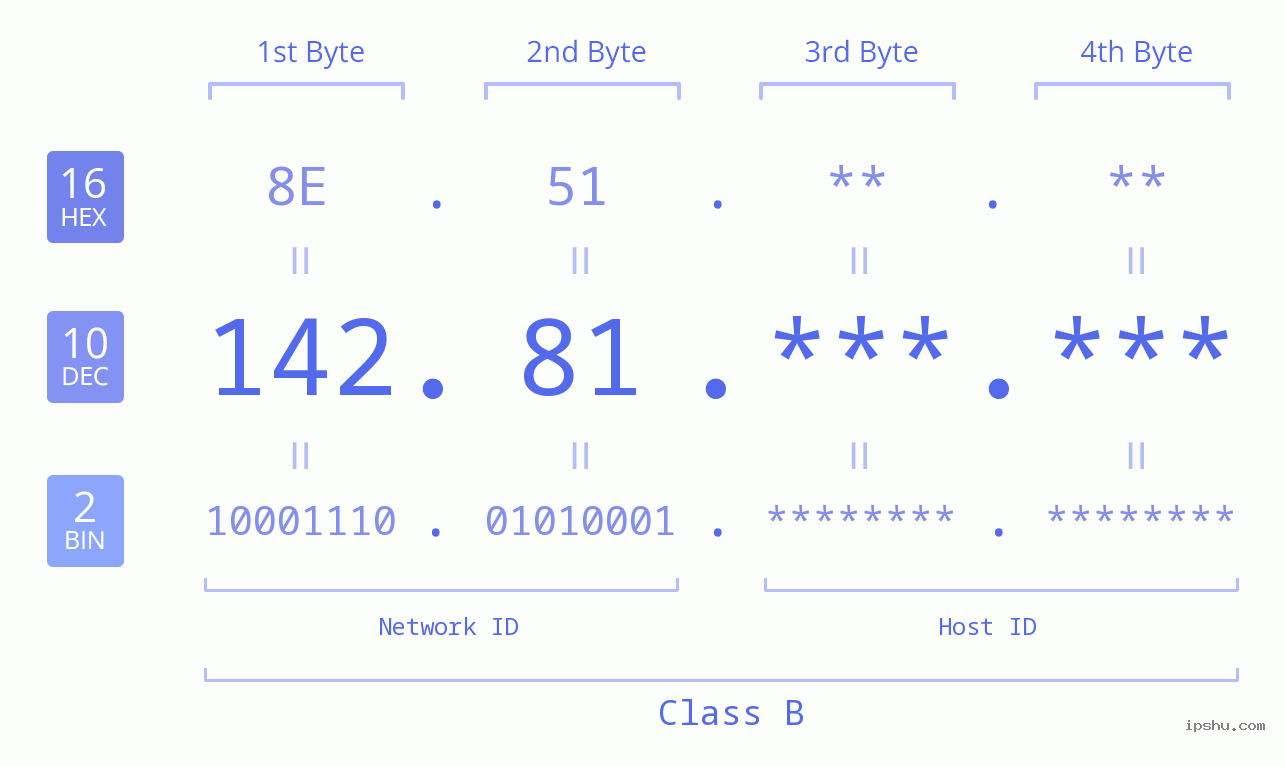 IP Address: 142.81 Data Structure Chart BIN DEC HEX IPv4: 142.81 Network Class, Net ID, Host ID