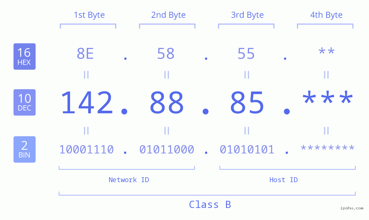 IP Address: 142.88.85 Data Structure Chart BIN DEC HEX IPv4: 142.88.85 Network Class, Net ID, Host ID