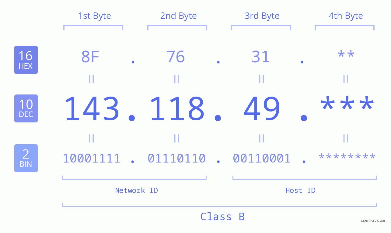 IP Address: 143.118.49 Data Structure Chart BIN DEC HEX IPv4: 143.118.49 Network Class, Net ID, Host ID