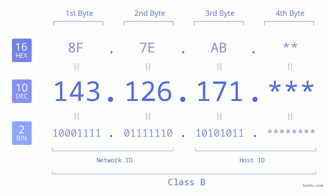 IP Address: 143.126.171 Data Structure Chart BIN DEC HEX IPv4: 143.126.171 Network Class, Net ID, Host ID