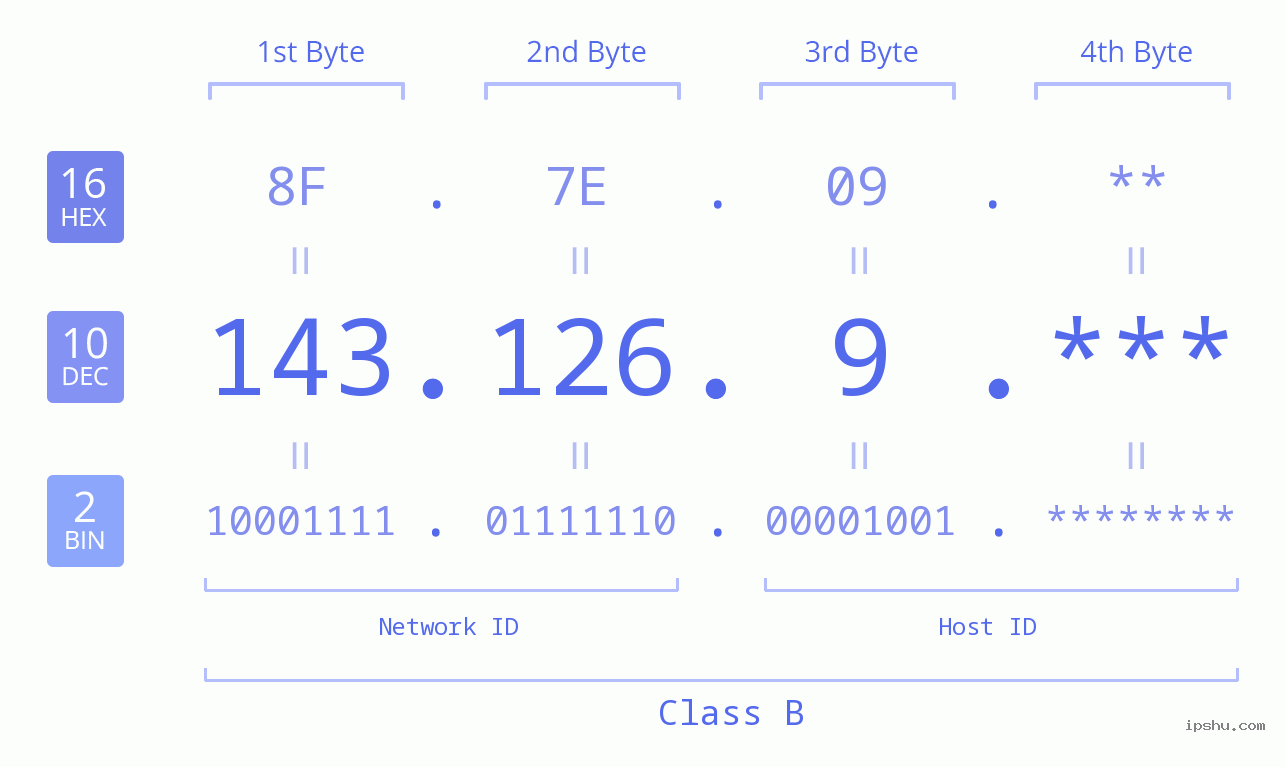 IP Address: 143.126.9 Data Structure Chart BIN DEC HEX IPv4: 143.126.9 Network Class, Net ID, Host ID