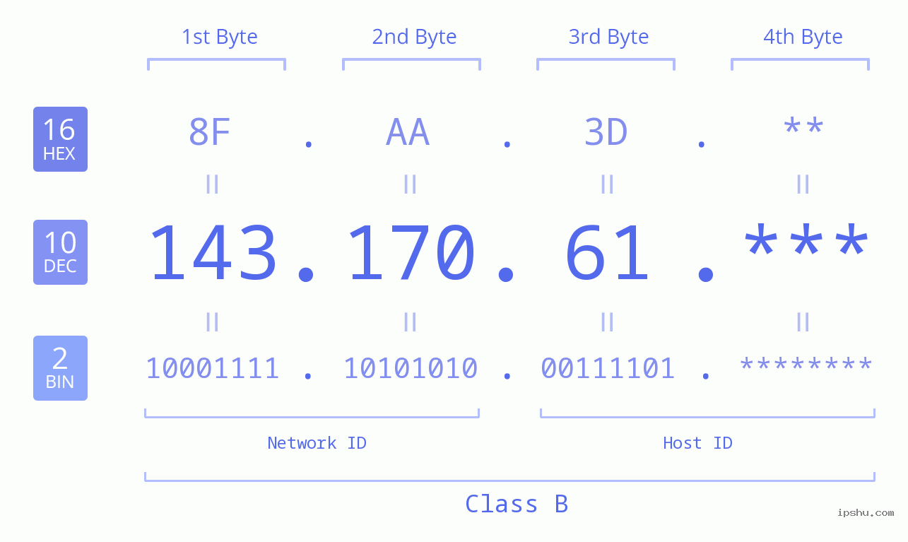 IP Address: 143.170.61 Data Structure Chart BIN DEC HEX IPv4: 143.170.61 Network Class, Net ID, Host ID