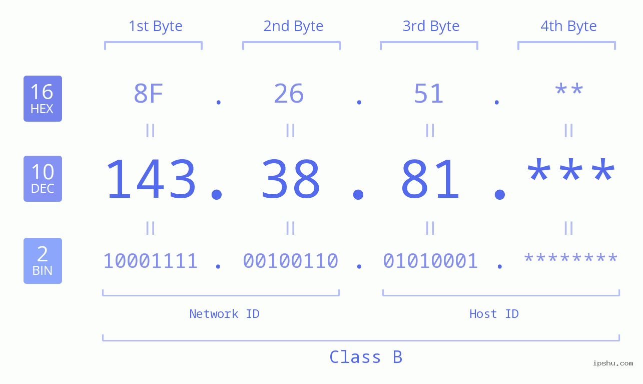 IP Address: 143.38.81 Data Structure Chart BIN DEC HEX IPv4: 143.38.81 Network Class, Net ID, Host ID