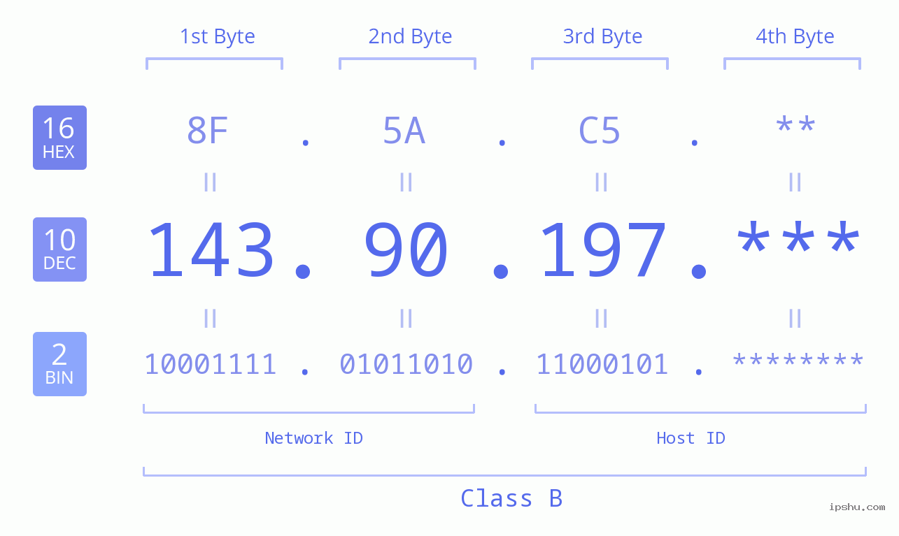 IP Address: 143.90.197 Data Structure Chart BIN DEC HEX IPv4: 143.90.197 Network Class, Net ID, Host ID