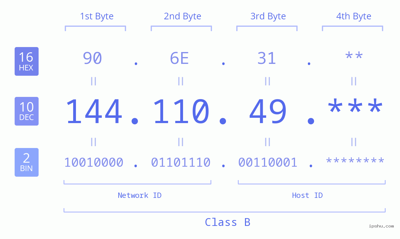 IP Address: 144.110.49 Data Structure Chart BIN DEC HEX IPv4: 144.110.49 Network Class, Net ID, Host ID