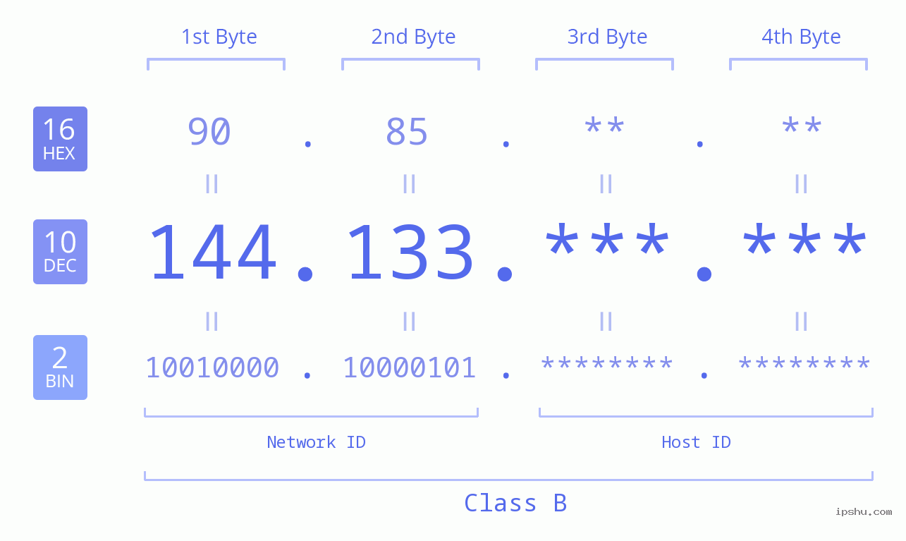 IP Address: 144.133 Data Structure Chart BIN DEC HEX IPv4: 144.133 Network Class, Net ID, Host ID