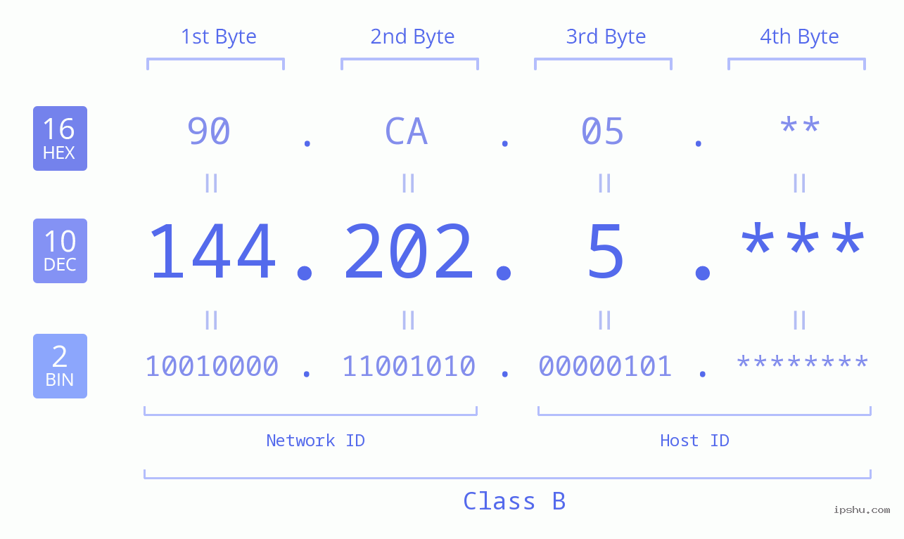 IP Address: 144.202.5 Data Structure Chart BIN DEC HEX IPv4: 144.202.5 Network Class, Net ID, Host ID
