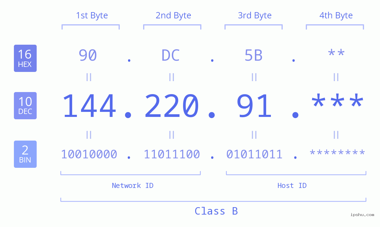 IP Address: 144.220.91 Data Structure Chart BIN DEC HEX IPv4: 144.220.91 Network Class, Net ID, Host ID