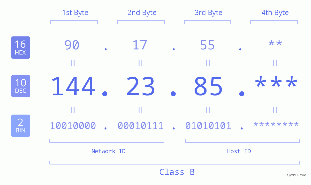 IP Address: 144.23.85 Data Structure Chart BIN DEC HEX IPv4: 144.23.85 Network Class, Net ID, Host ID