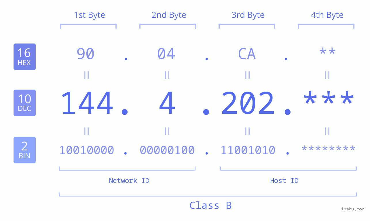 IP Address: 144.4.202 Data Structure Chart BIN DEC HEX IPv4: 144.4.202 Network Class, Net ID, Host ID