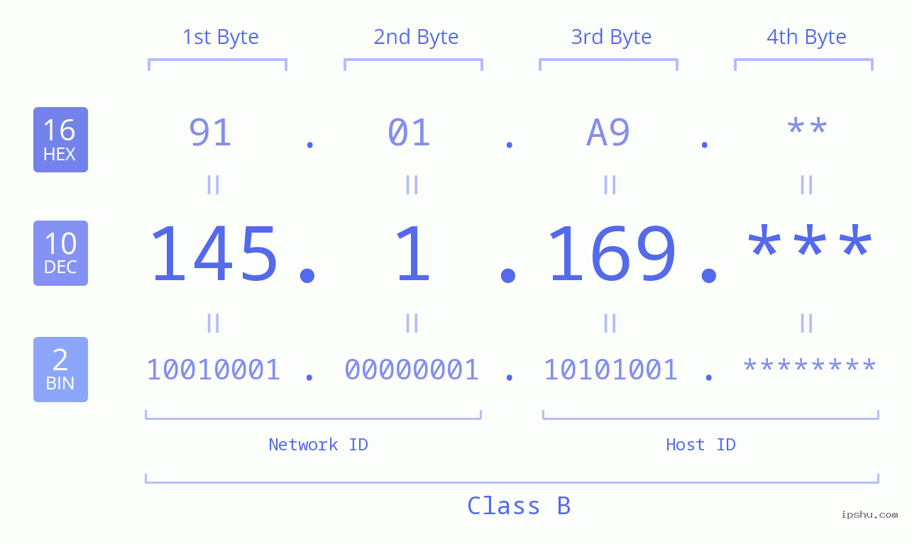 IP Address: 145.1.169 Data Structure Chart BIN DEC HEX IPv4: 145.1.169 Network Class, Net ID, Host ID