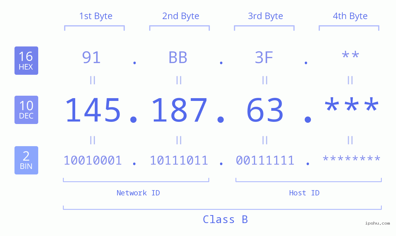 IP Address: 145.187.63 Data Structure Chart BIN DEC HEX IPv4: 145.187.63 Network Class, Net ID, Host ID