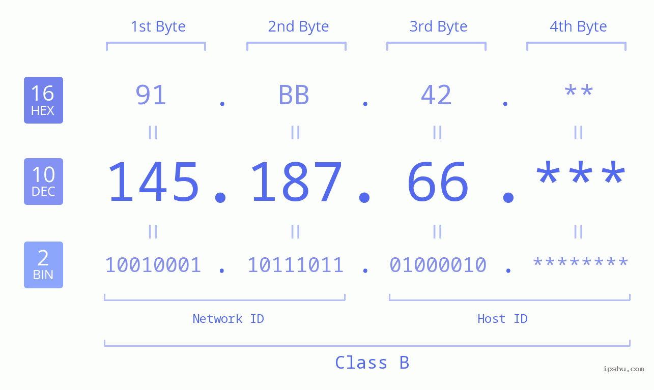 IP Address: 145.187.66 Data Structure Chart BIN DEC HEX IPv4: 145.187.66 Network Class, Net ID, Host ID