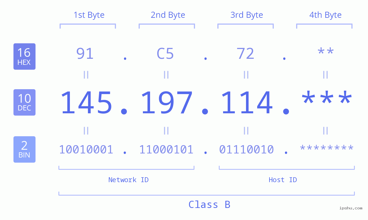 IP Address: 145.197.114 Data Structure Chart BIN DEC HEX IPv4: 145.197.114 Network Class, Net ID, Host ID