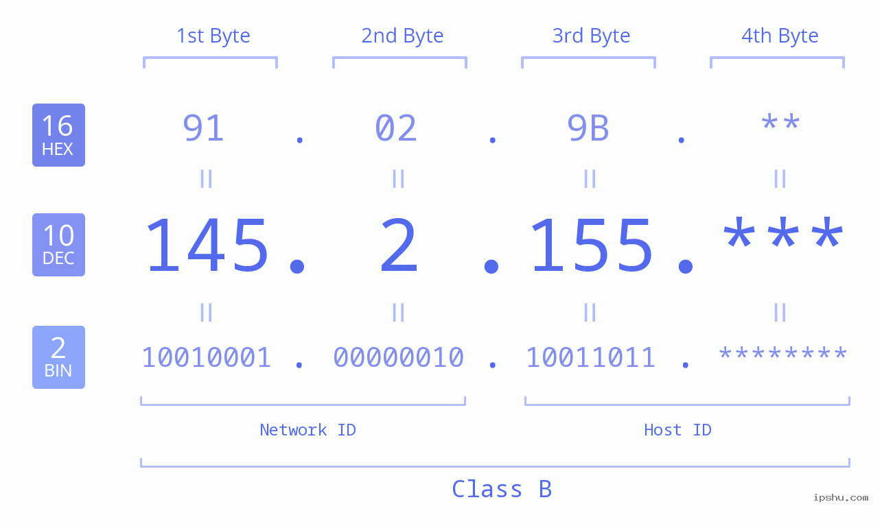 IP Address: 145.2.155 Data Structure Chart BIN DEC HEX IPv4: 145.2.155 Network Class, Net ID, Host ID