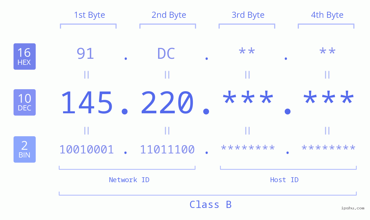 IP Address: 145.220 Data Structure Chart BIN DEC HEX IPv4: 145.220 Network Class, Net ID, Host ID