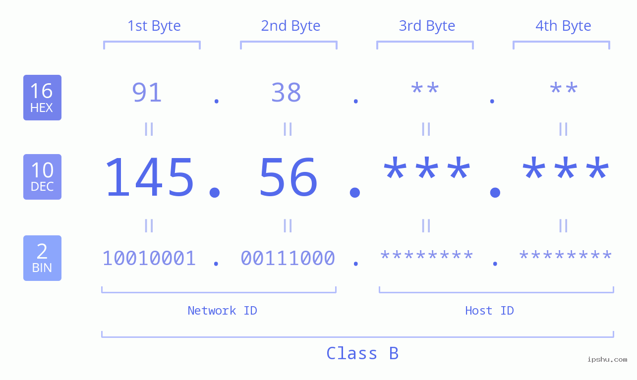 IP Address: 145.56 Data Structure Chart BIN DEC HEX IPv4: 145.56 Network Class, Net ID, Host ID