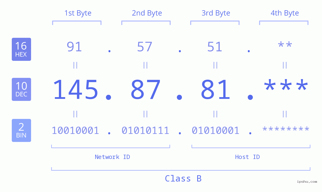 IP Address: 145.87.81 Data Structure Chart BIN DEC HEX IPv4: 145.87.81 Network Class, Net ID, Host ID