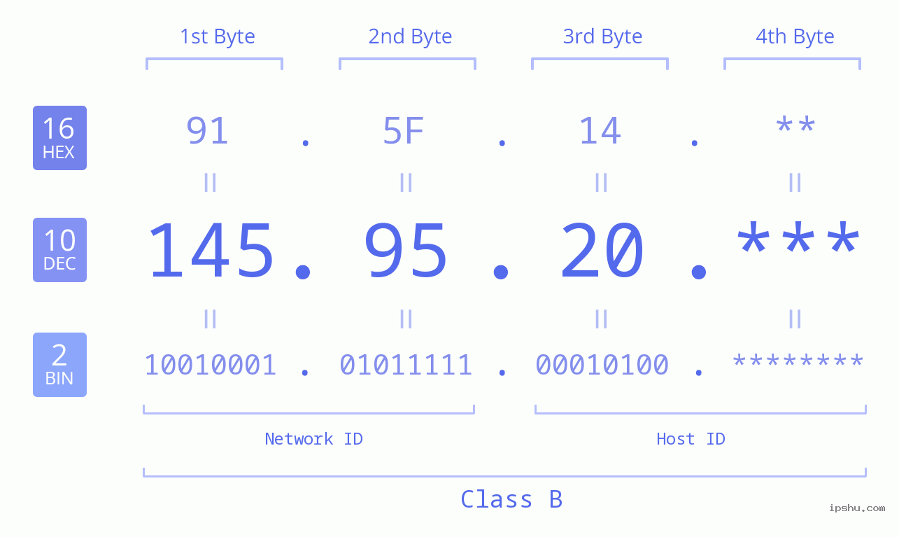 IP Address: 145.95.20 Data Structure Chart BIN DEC HEX IPv4: 145.95.20 Network Class, Net ID, Host ID