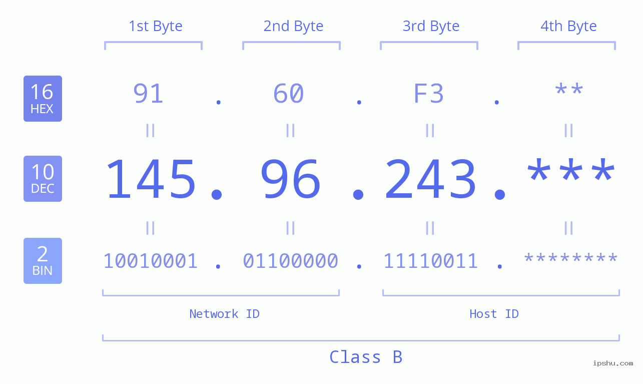 IP Address: 145.96.243 Data Structure Chart BIN DEC HEX IPv4: 145.96.243 Network Class, Net ID, Host ID