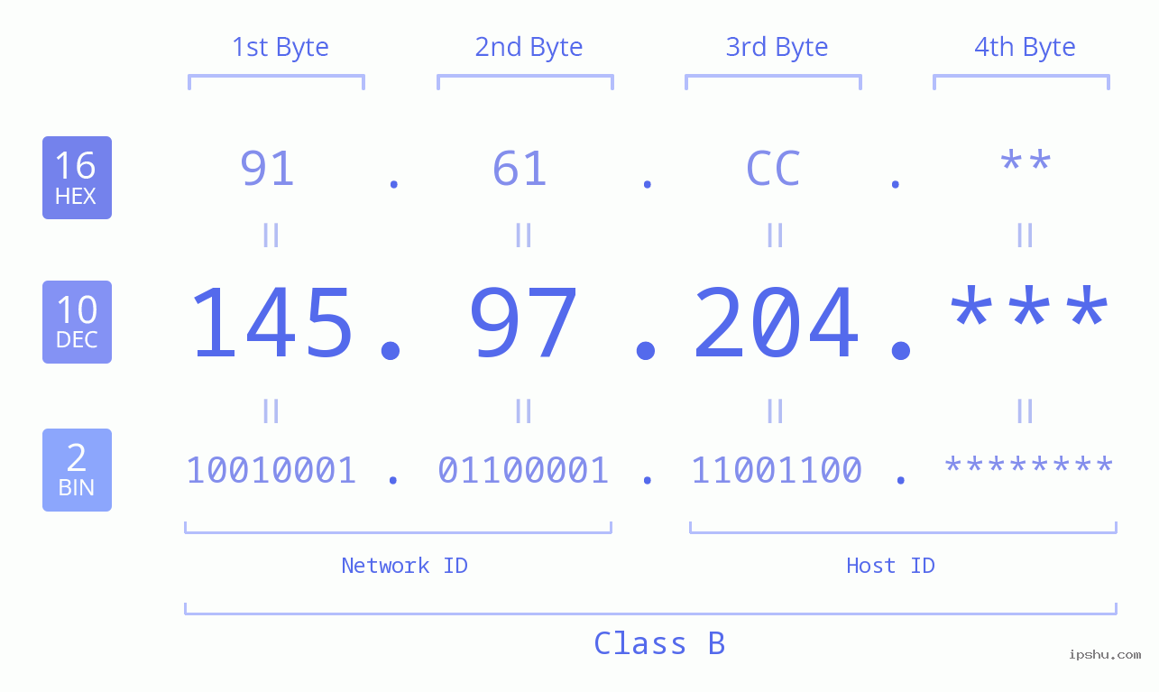 IP Address: 145.97.204 Data Structure Chart BIN DEC HEX IPv4: 145.97.204 Network Class, Net ID, Host ID