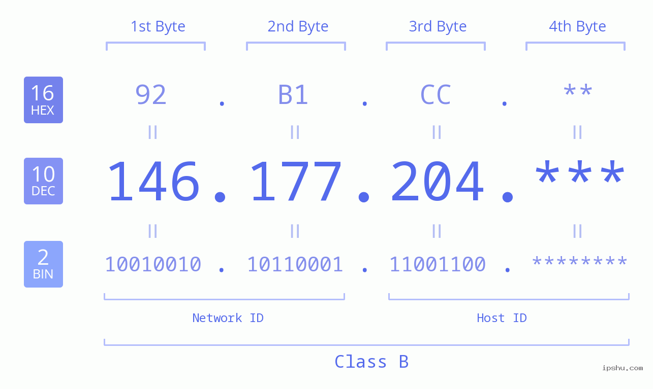 IP Address: 146.177.204 Data Structure Chart BIN DEC HEX IPv4: 146.177.204 Network Class, Net ID, Host ID
