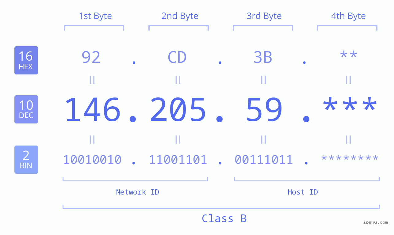 IP Address: 146.205.59 Data Structure Chart BIN DEC HEX IPv4: 146.205.59 Network Class, Net ID, Host ID