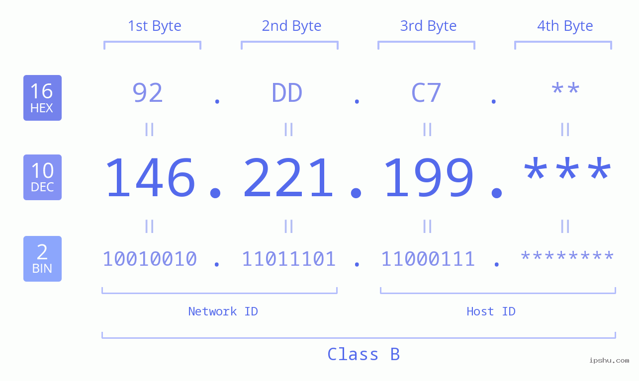 IP Address: 146.221.199 Data Structure Chart BIN DEC HEX IPv4: 146.221.199 Network Class, Net ID, Host ID