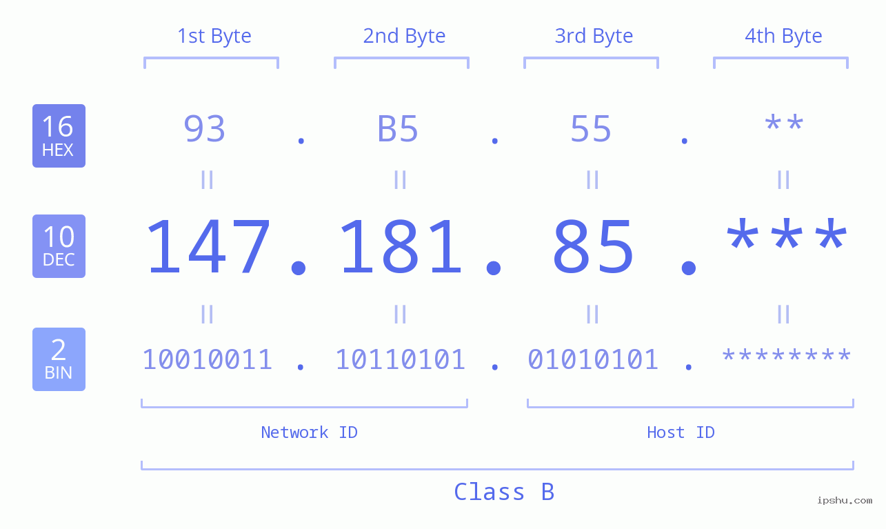 IP Address: 147.181.85 Data Structure Chart BIN DEC HEX IPv4: 147.181.85 Network Class, Net ID, Host ID