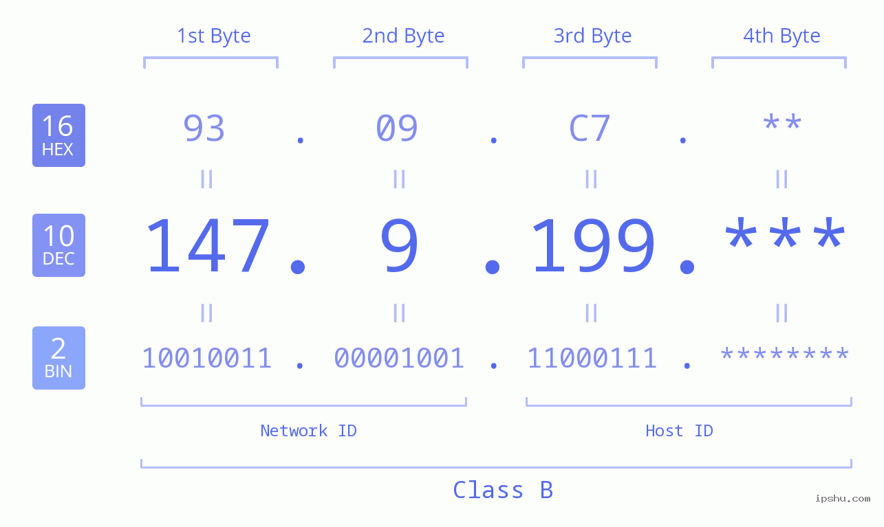IP Address: 147.9.199 Data Structure Chart BIN DEC HEX IPv4: 147.9.199 Network Class, Net ID, Host ID