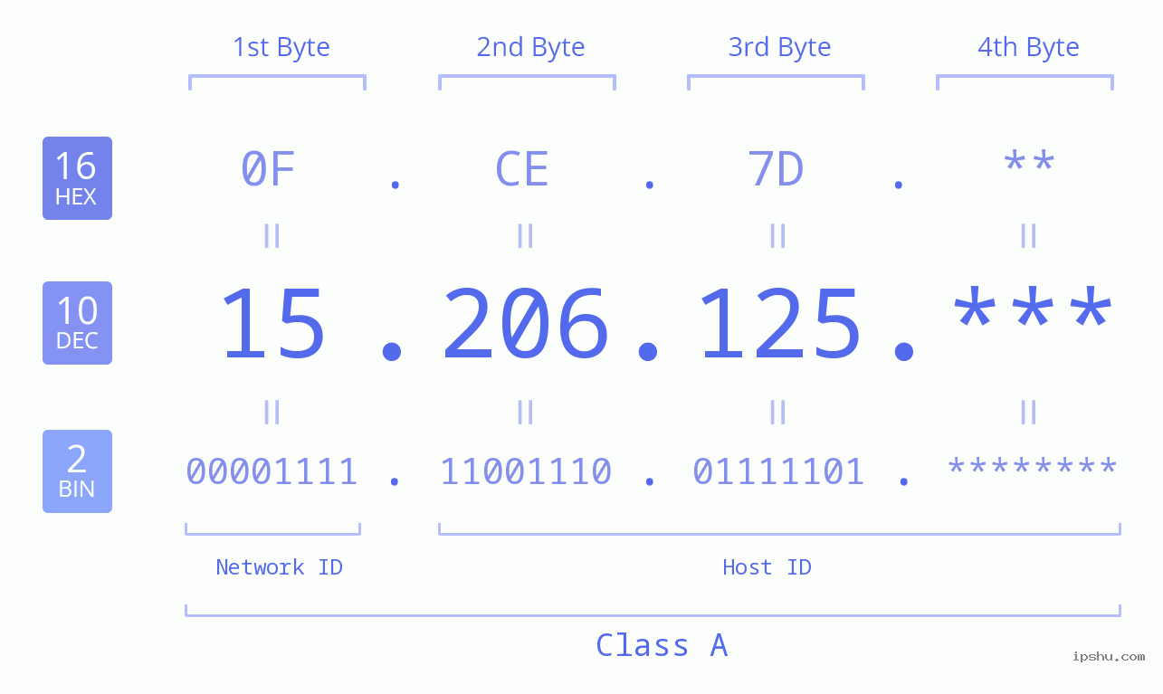 IP Address: 15.206.125 Data Structure Chart BIN DEC HEX IPv4: 15.206.125 Network Class, Net ID, Host ID