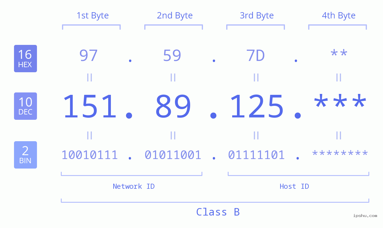IP Address: 151.89.125 Data Structure Chart BIN DEC HEX IPv4: 151.89.125 Network Class, Net ID, Host ID