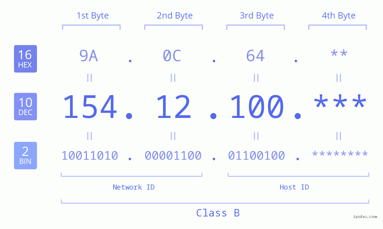 IP Address: 154.12.100 Data Structure Chart BIN DEC HEX IPv4: 154.12.100 Network Class, Net ID, Host ID