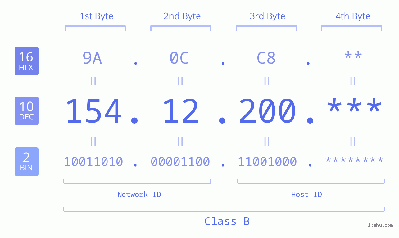 IP Address: 154.12.200 Data Structure Chart BIN DEC HEX IPv4: 154.12.200 Network Class, Net ID, Host ID