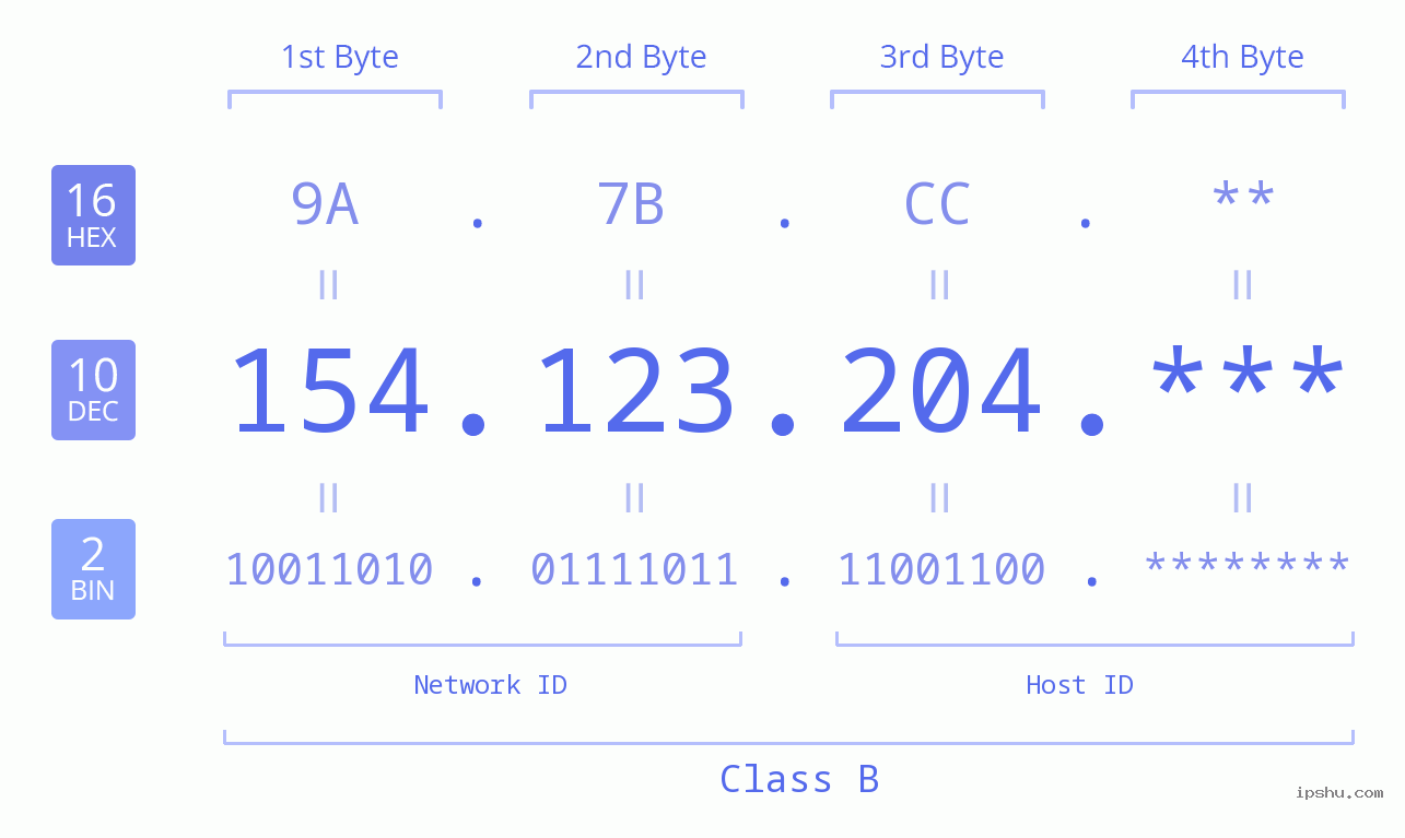 IP Address: 154.123.204 Data Structure Chart BIN DEC HEX IPv4: 154.123.204 Network Class, Net ID, Host ID