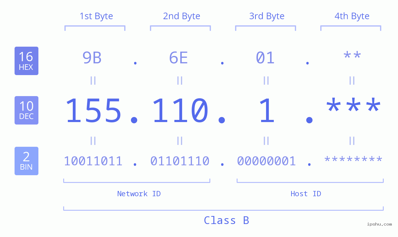 IP Address: 155.110.1 Data Structure Chart BIN DEC HEX IPv4: 155.110.1 Network Class, Net ID, Host ID