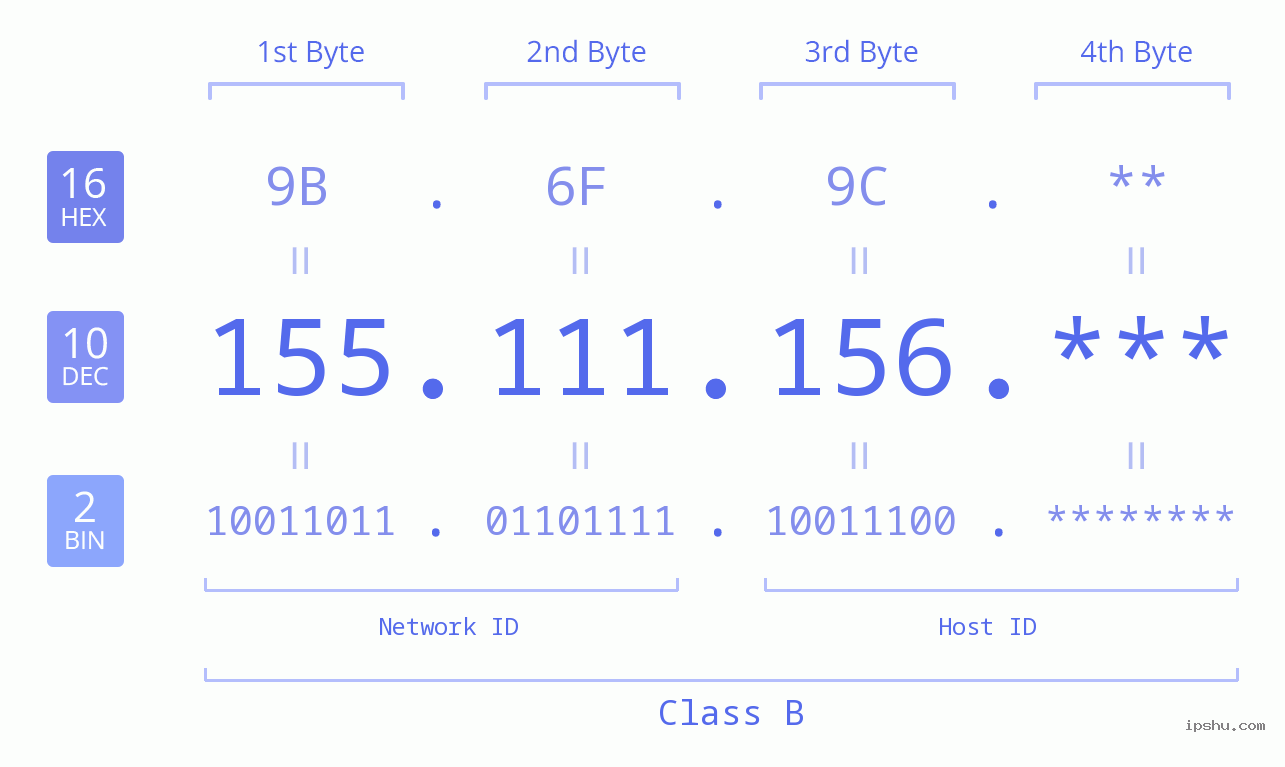 IP Address: 155.111.156 Data Structure Chart BIN DEC HEX IPv4: 155.111.156 Network Class, Net ID, Host ID