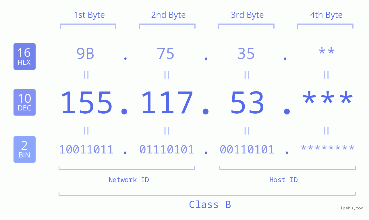 IP Address: 155.117.53 Data Structure Chart BIN DEC HEX IPv4: 155.117.53 Network Class, Net ID, Host ID
