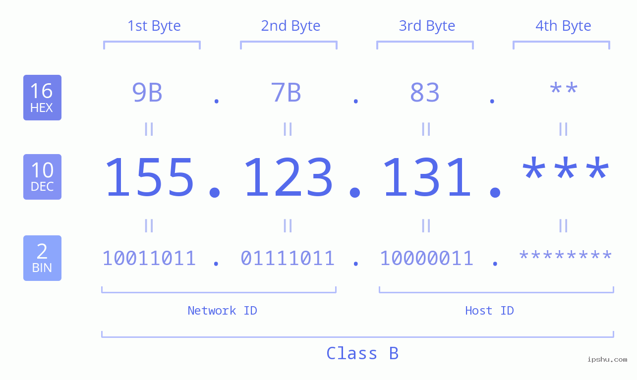 IP Address: 155.123.131 Data Structure Chart BIN DEC HEX IPv4: 155.123.131 Network Class, Net ID, Host ID
