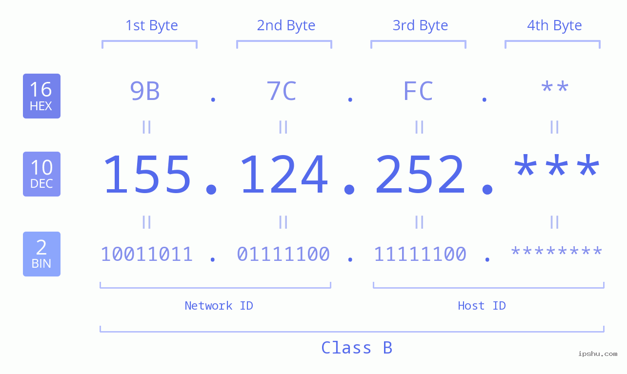 IP Address: 155.124.252 Data Structure Chart BIN DEC HEX IPv4: 155.124.252 Network Class, Net ID, Host ID