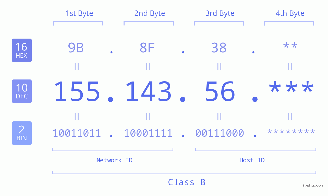 IP Address: 155.143.56 Data Structure Chart BIN DEC HEX IPv4: 155.143.56 Network Class, Net ID, Host ID