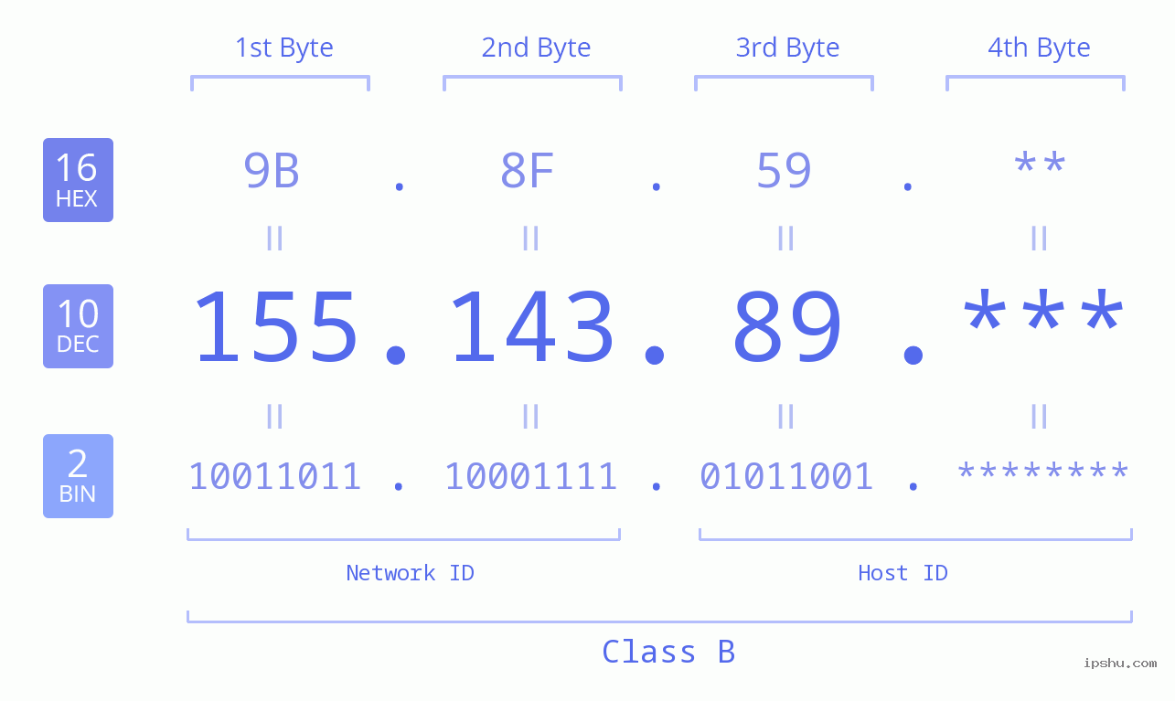 IP Address: 155.143.89 Data Structure Chart BIN DEC HEX IPv4: 155.143.89 Network Class, Net ID, Host ID