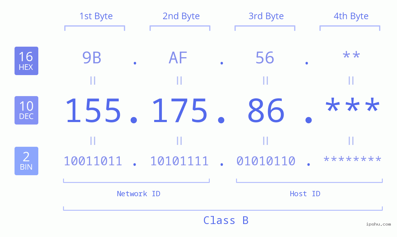 IP Address: 155.175.86 Data Structure Chart BIN DEC HEX IPv4: 155.175.86 Network Class, Net ID, Host ID