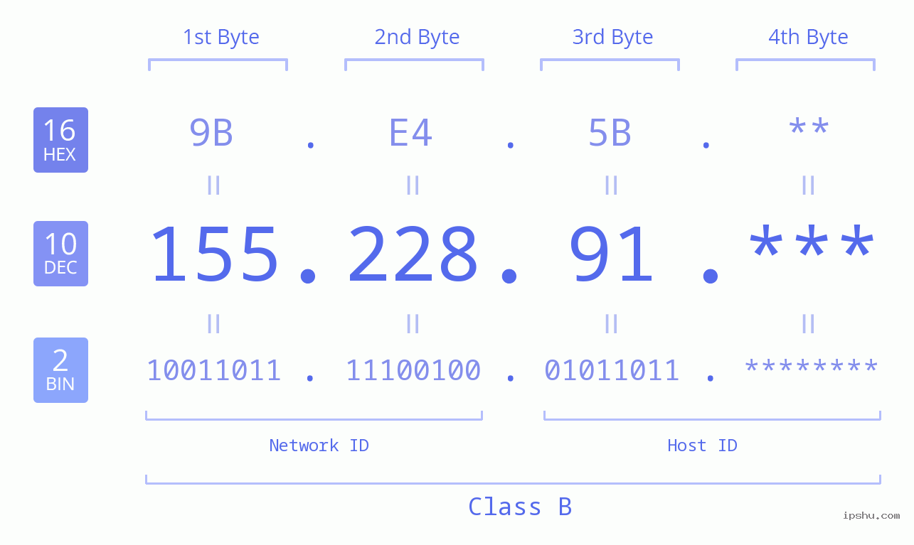 IP Address: 155.228.91 Data Structure Chart BIN DEC HEX IPv4: 155.228.91 Network Class, Net ID, Host ID